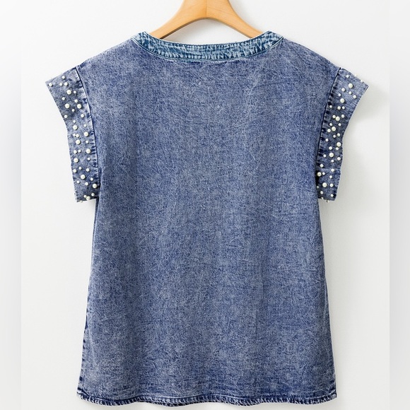 Dusk Blue Acid Wash Pearl
Embellishments O-neck Denim Top - Picture 15 of 16